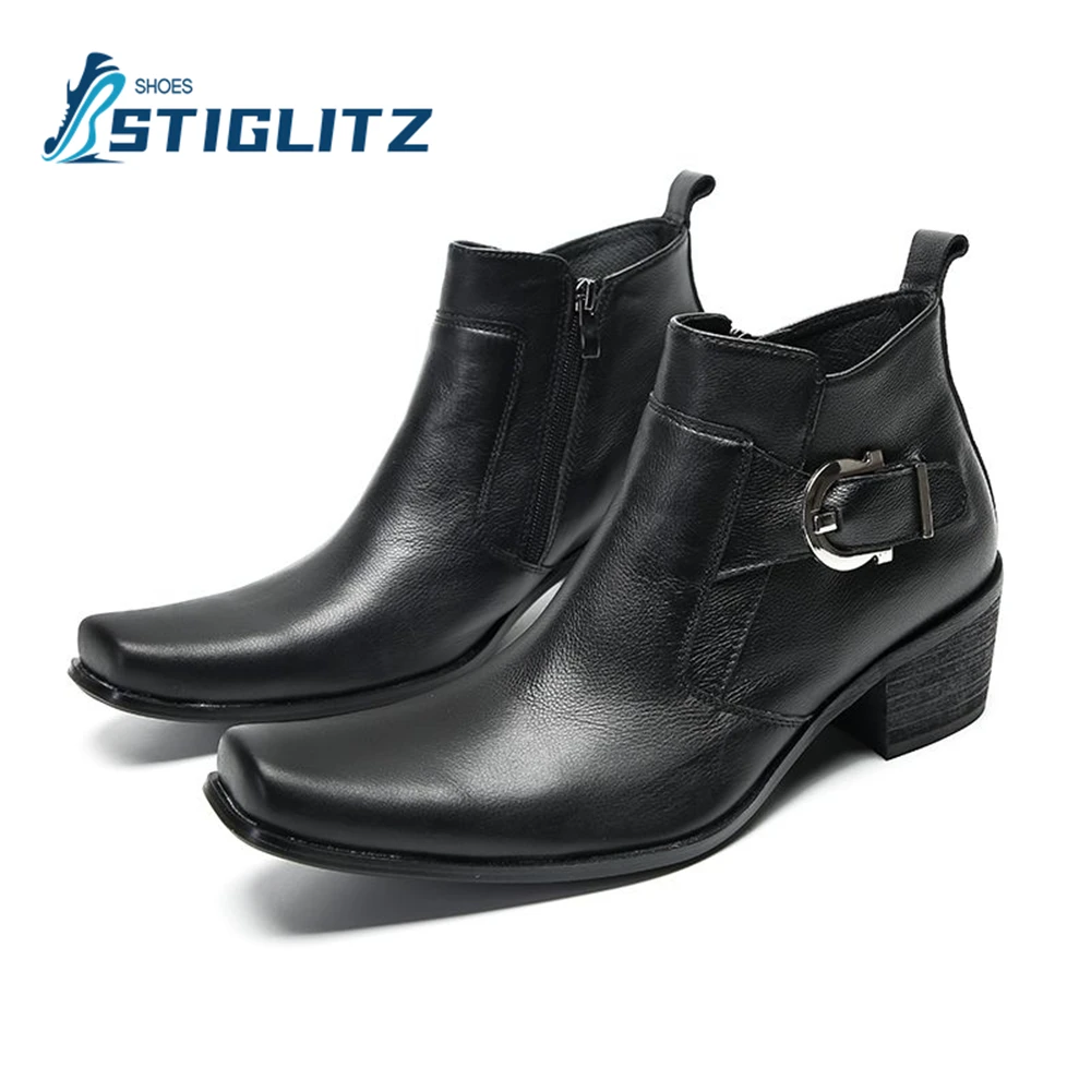 Curved Square Toe Chelsea Shoes for Men Metal Buckle Side Zip New Design Men\'s Shoes Ankle Boots Genuine Leather Chelsea Shoes