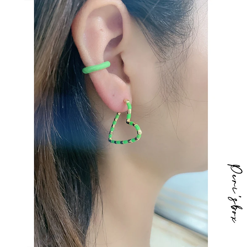 Peri'sBox Multi Color Heart Enamel Surround Brass Hoop Earrings For Women Cute Colorful Love Huggie Earring Romantic Gift