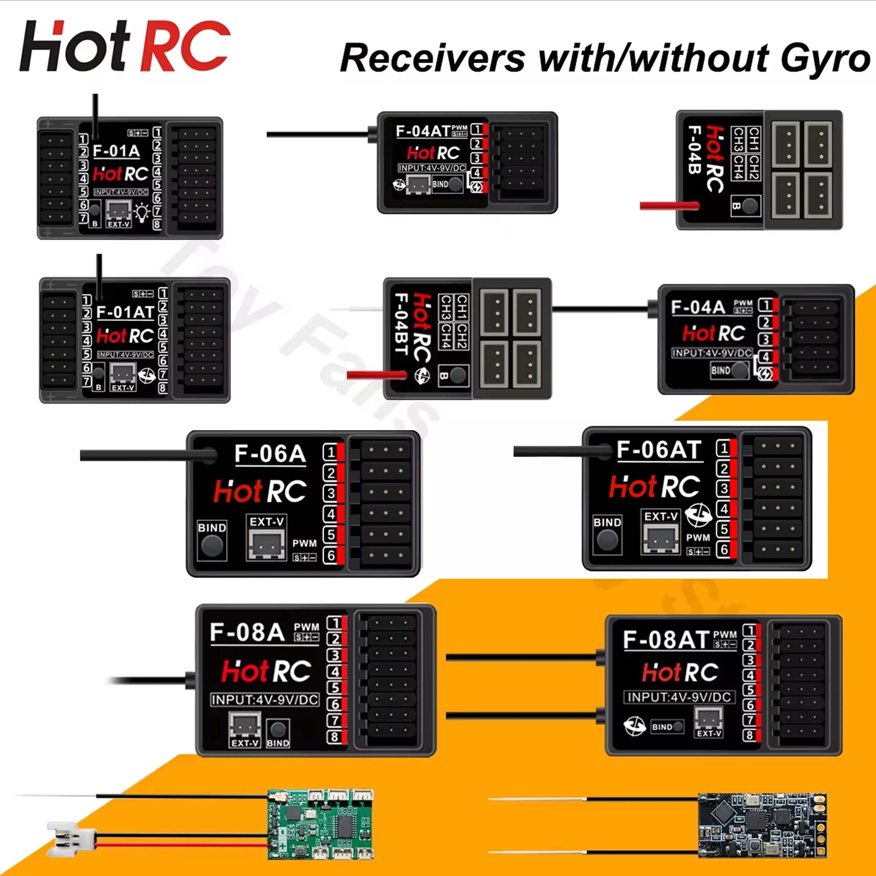 HOTRC 2.4Ghz Receivers F-04A F-06AT With/Without Gyro Light Control for CT-4A CT-6A CT-8A HT-8A DS600 Transmitter Remote Control
