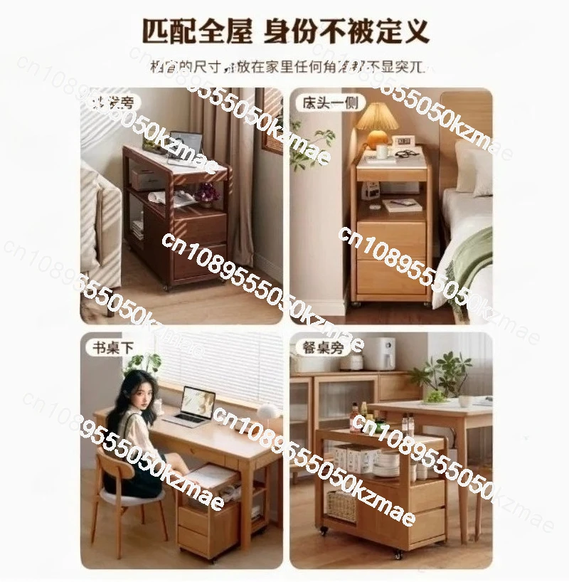 

Movable Solid Wood Side Table with Wheels Portable Sofa Side Cabinet for Living Room Nightstand