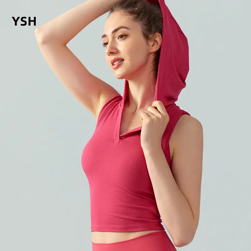 

New Spring Summer Fitness Vest Flexible Racerback Sport Tops Women V Neck Yoga Gym Vest Hooded Running Workout Tank Tops Padded