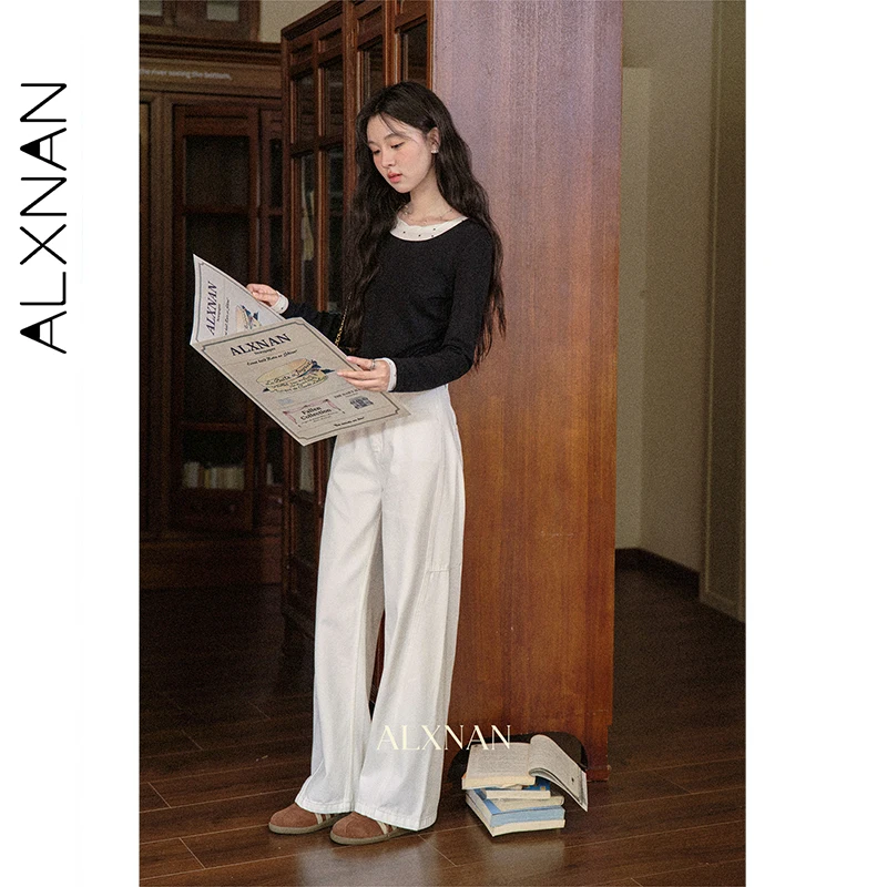 Alxnan jeans feminino branco de cintura alta perna larga em linha reta algodão 100% jeans outono casual senhora do escritório calças largas l569165