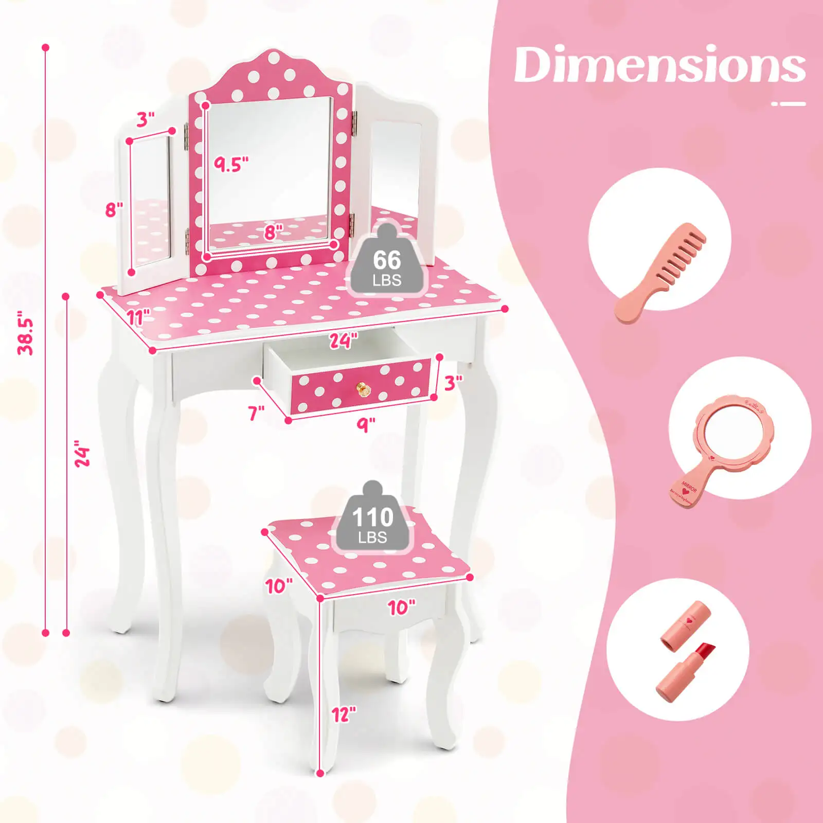 Kids Vanity Table & Stool Set w/ Cute Polka Dot Print Tri-folding Mirror Drawer