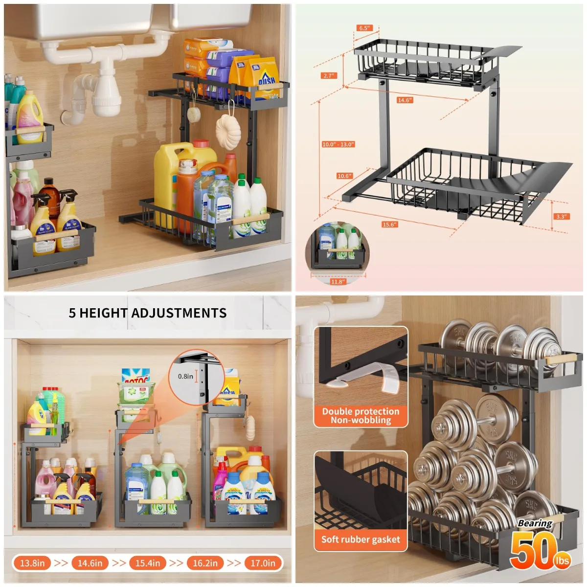 

Under Sink Organizer, 2-Tier Slide-Out Storage, Adjustable Double Layer, Space-Saving Black Drawer (2 Packs)