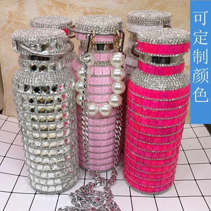 Bling Rhinestone Thermos Insulated Vacuum Cup Stainless Steel Flask Bottle Drinking Kettle with Chain Portable water bottles