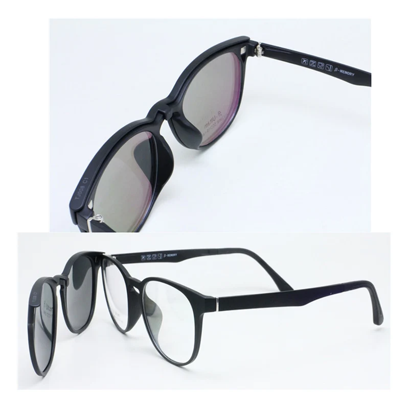 ULTEM Retro Shape Lightweight Optical Spectacles Frame with Magnetic Clip on Removable Polarized Sunglasses lens for Unisex 008