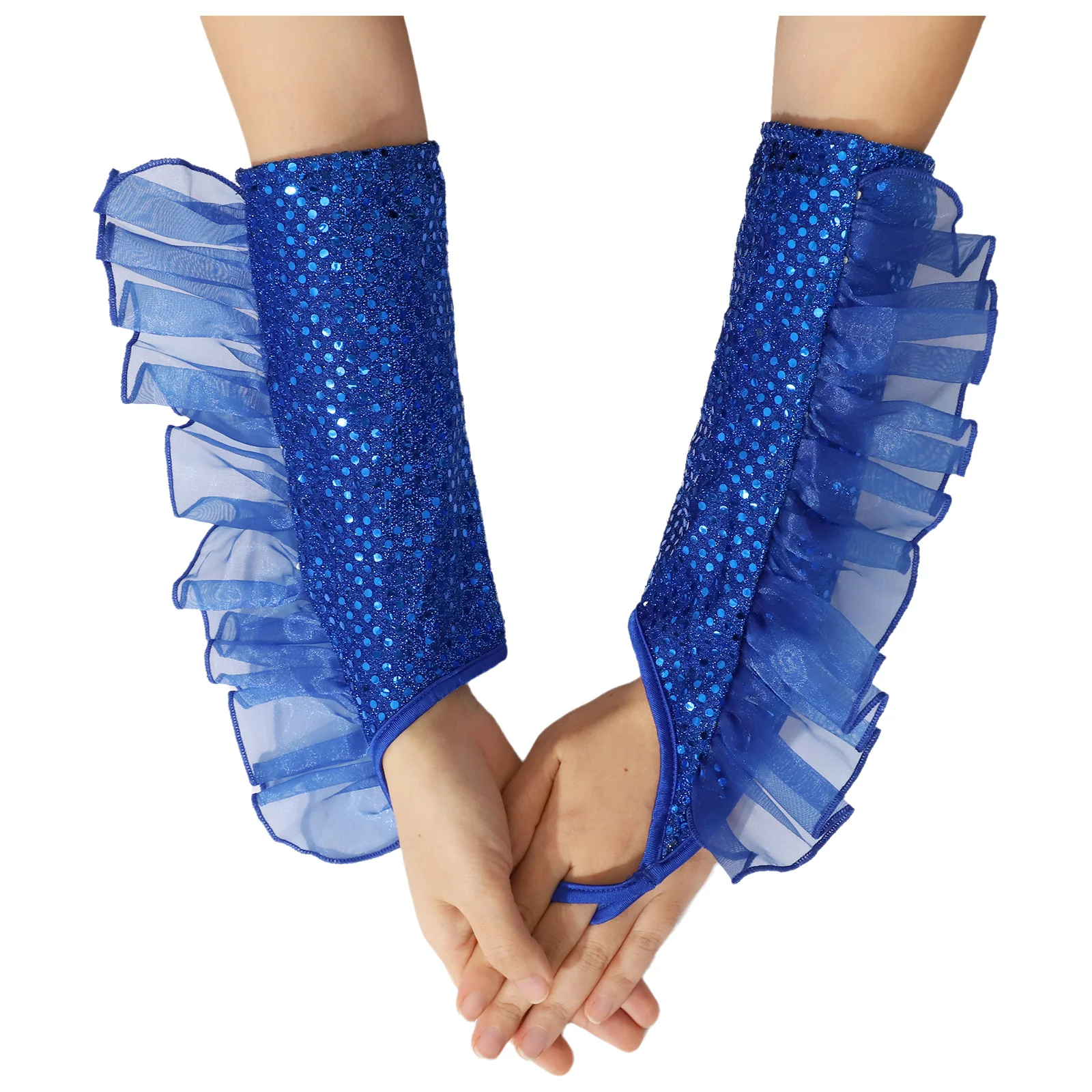 Women Glitter Sequin Gloves Fingerless Elbow Length Ruffled Tulle Trim Long Gloves Mittens Opera Masquerade Costume Accessory