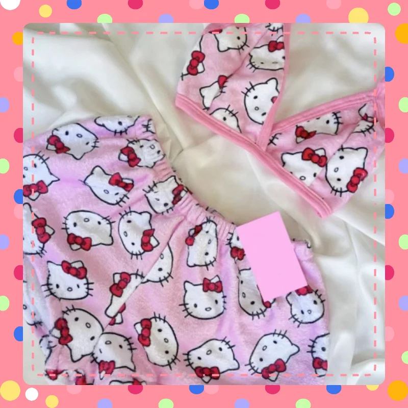 Cute Pink Hellokitty Girls Pajama Vest Shorts Loose Ladies Two-Piece Womens Cartoon Sleep Bottoms Lounge Homewear Sleepwear Suit