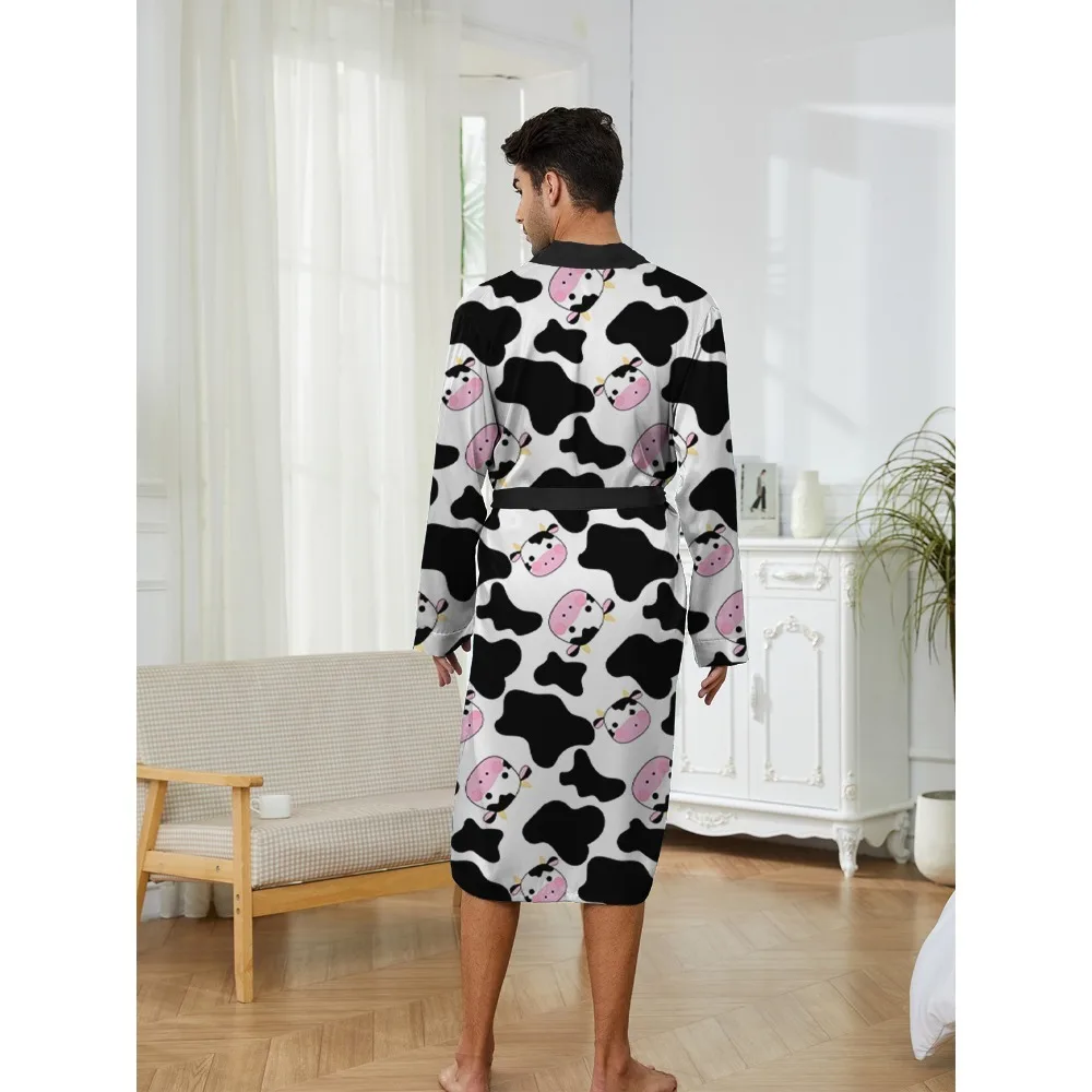 Men's Fast Drying Trend for Long Robes, Fun Home Entertainment with Cow Pattern Digital Printed Nightgowns for Casual Wear.