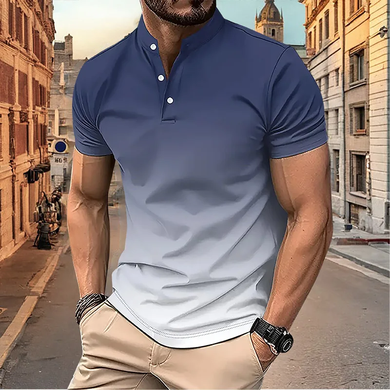 Summer new men's short sleeved Henry shirt stand collar gradient European and American fashion casual T-shirt top