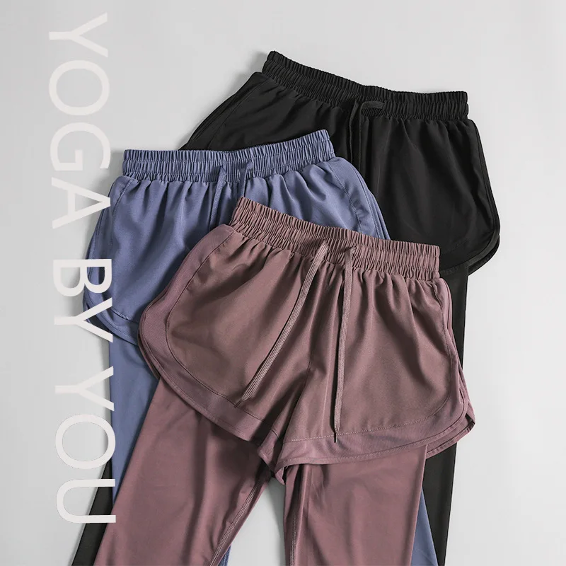 

Fake two-piece gym pants for women's high waist, hip lift, quick-drying running, sports long pants, wide elastic band yoga pants