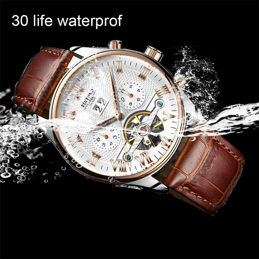 KINYUED Mens Watches Luxury Original Brand Men Skeleton Tourbillon Mechanical Automatic Watch for Man Waterproof Bracelet