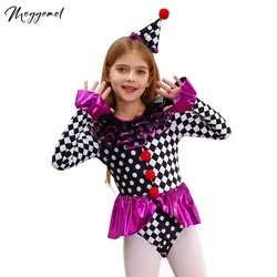 Kids Girls Circus Ringmaster Clown Joker Cosplay Costume Ruffle Checkerboard Polka Dots Red Pom Poms Bodysuit Halloween Costume