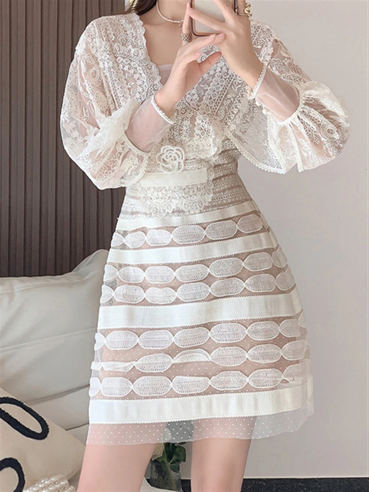 

Boho Runway High Waist Lace Spring 2022 Vintage Luxury Party Embroidery Long Sleeve Autumn A-Line Elegant Dress Dresses Women