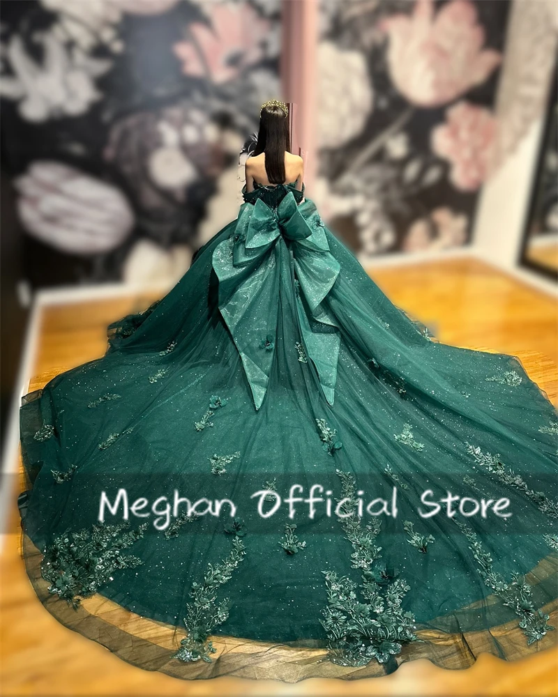 Emerald Green Off The Shoulder Quinceanera Dresses Ball Gown Appliques 3D Flower Formal Dress Bow Princess Gowns Customized