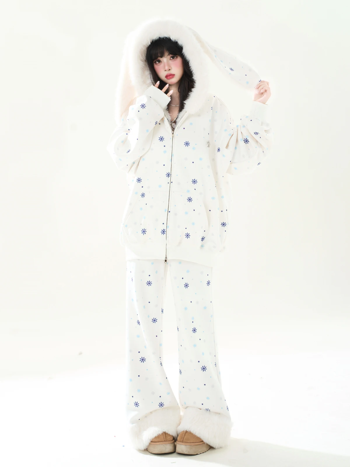 

ENJOG Зимний комплект с капюшоном и ушками кролика, женский повседневный свободный костюм из двух предметов: толстовка с длинными рукавами и брюки, удобный и модный