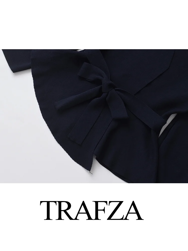 Trafza feminino outono elegante casacos azul marinho com decote em v mangas compridas com cinto ombreiras topos feminino casual malha cardigans mujer