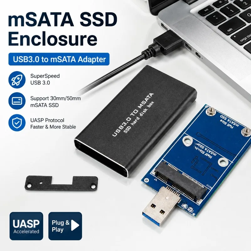 mSATA SSD Enclosure USB3.0 to mSATA Adapter, Aluminum Portable External Hard Drive Case, Support 30mm/50mm mSATA SSD, UASP, for