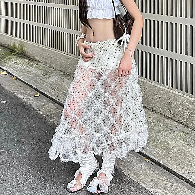 2026 New Arrival Women's Polka Dot Sheer Mesh Skirt Fashion Lace Mid Length Skirt