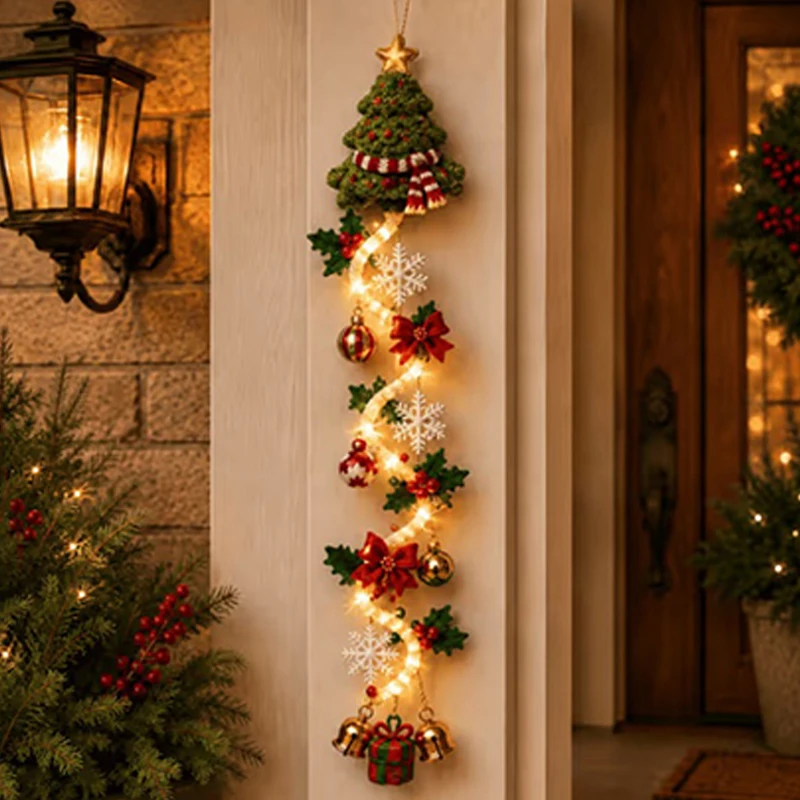 Christmas Glowing Door Hanging Decor LED Lighted Ornament With Bell Snowflake Bow Greenery Vertical Decor For Porch Entryway