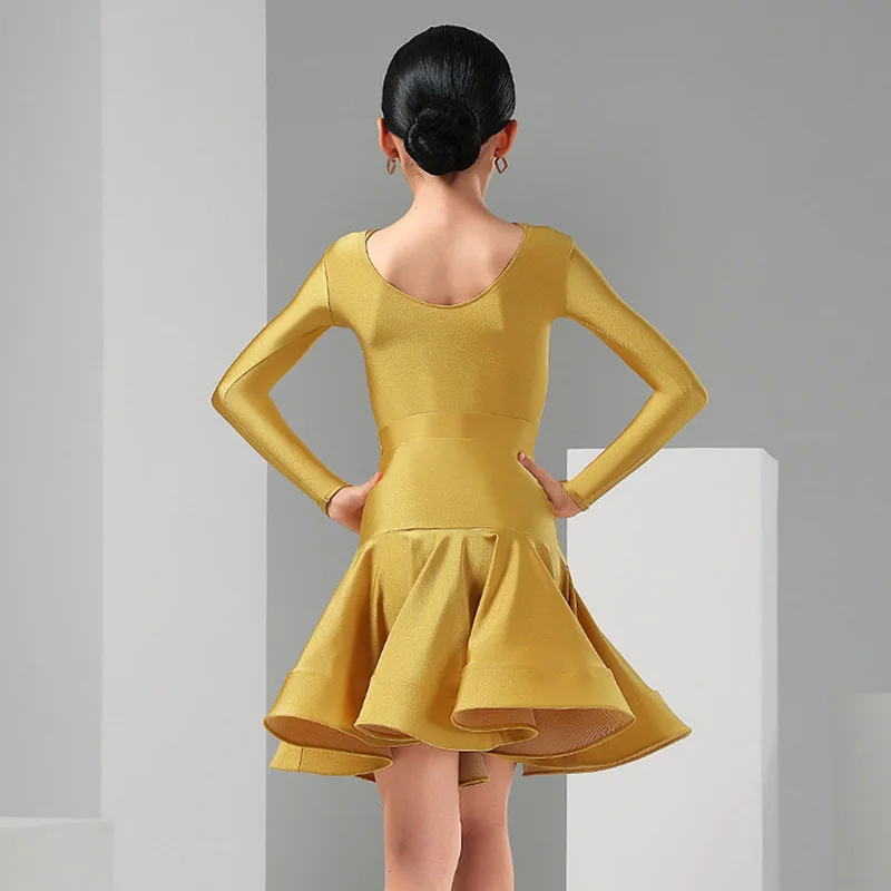 فستان ذهبي لاتيني للمنافسة للأطفال بأكمام طويلة بدلة رقص تنورة للفتيات تشا تشا رومبا ملابس المسرح ملابس الرقص اللاتينية 1438 #6