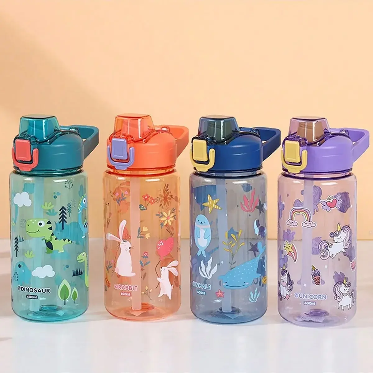 1pc 600Ml Student Sippy Cup Water Bottles Creative Cartoon Feeding With Straws And Lids Spill Proof Portable Beverage cups