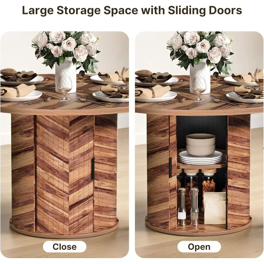 47 طاولة طعام مستديرة مع مساحة تخزين من طبقتين وباب منزلق خشبي، بني للمطبخ أو غرفة المعيشة #4