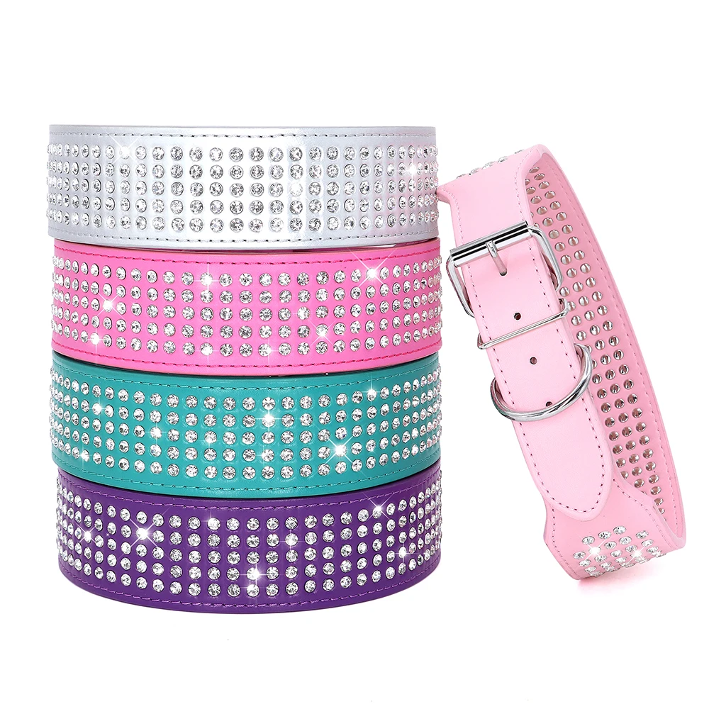 Rhinestone Wide Dog Collar Sparkly Crystal Large Dog Collars Diamonds PU Leather Collars for Small Medium Large Dogs 5cm Width