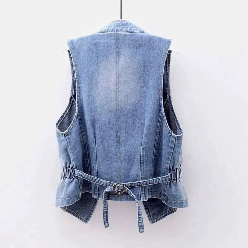 Spring Summer Shor Cowboy Vest Women 2025 New Fashion Loose Casual Rivet Double-Breasted Waistcoat Tops Female