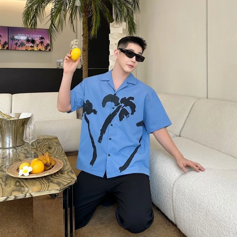 

Male Island Beach Tropical Holiday Blue Shirts Tops Men Casual Leisure Palm Tree Print Blouse Ins Chic Handsome Romantic Tops