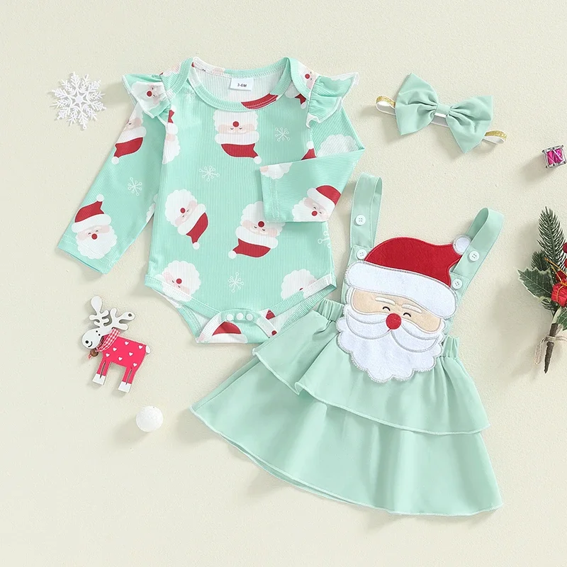 

Baby Girl Christmas Outfits Santa/Deer Print Long Sleeve Romper Ruffles Suspender Skirt Headband 3 Pieces Clothes Set