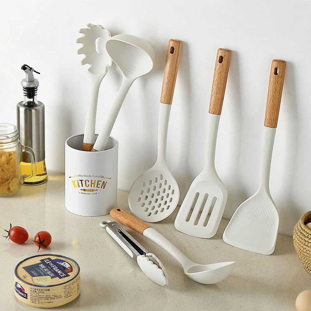 White Silicone Kitchenware Non-stick Cooking Utensils Set Cookware Spatula Spoon Shovel Wooden Handle Kitchen Tool Set