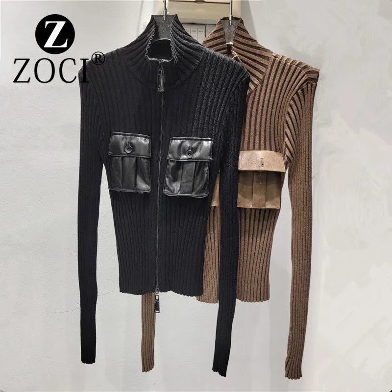 [zoci] 2024 Black Knitted Jacket Design Sense, Niche Temperament, Slim Fit Patchwork Pocket Top