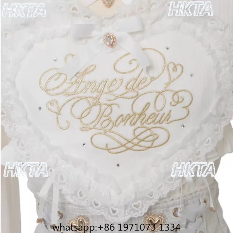 Japanese New Sweet Cute Pink White Lolita Shirts Women Girl Kawaii Lace Big Heart Cross Strap Long Sleeve Blouses Liz Shirt Tops