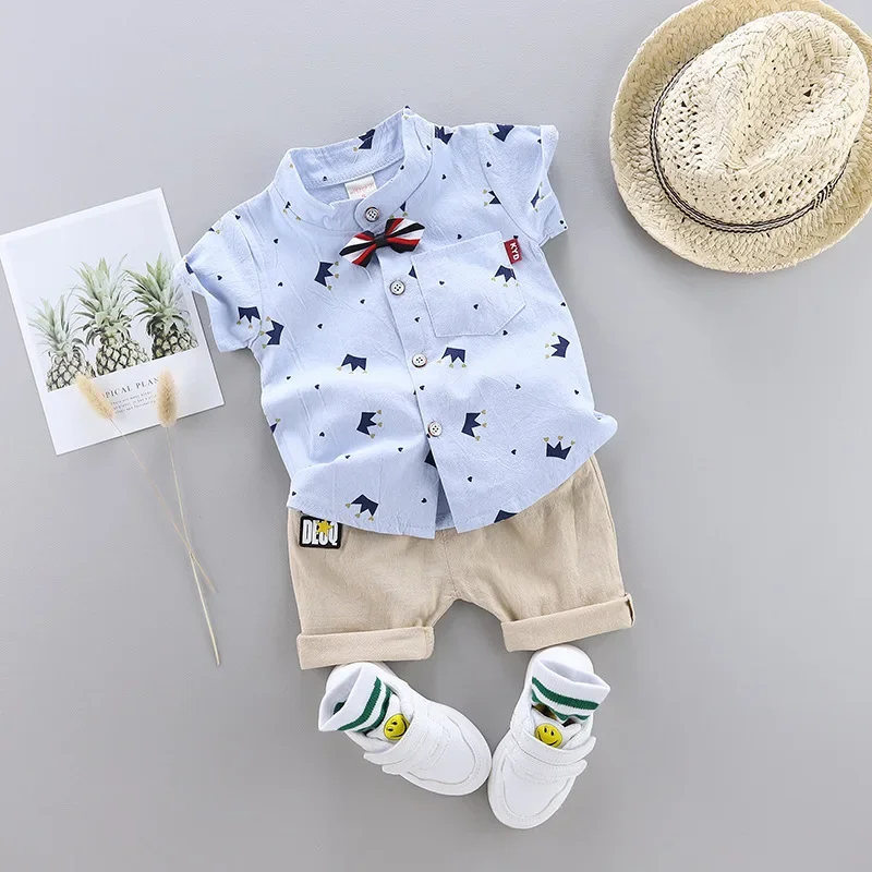 IENENS Boys Bow Clothes Sets Short Sleeve Shirts + Shorts Suit Summer Toddler Crown Pattern Clothing Outfits Kids Party Wear