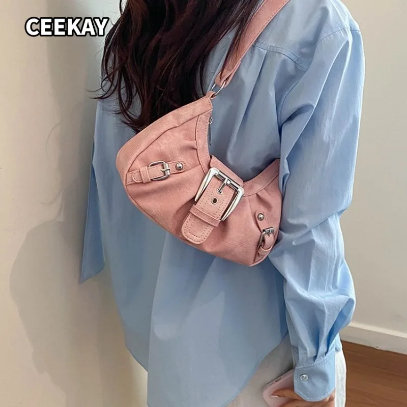 

CEEKAY Women's Shoulder Bag Pink Faux Leather Hobo Handbag Metal Buckle Zipper Retro Y2K Trendy Casual Daily