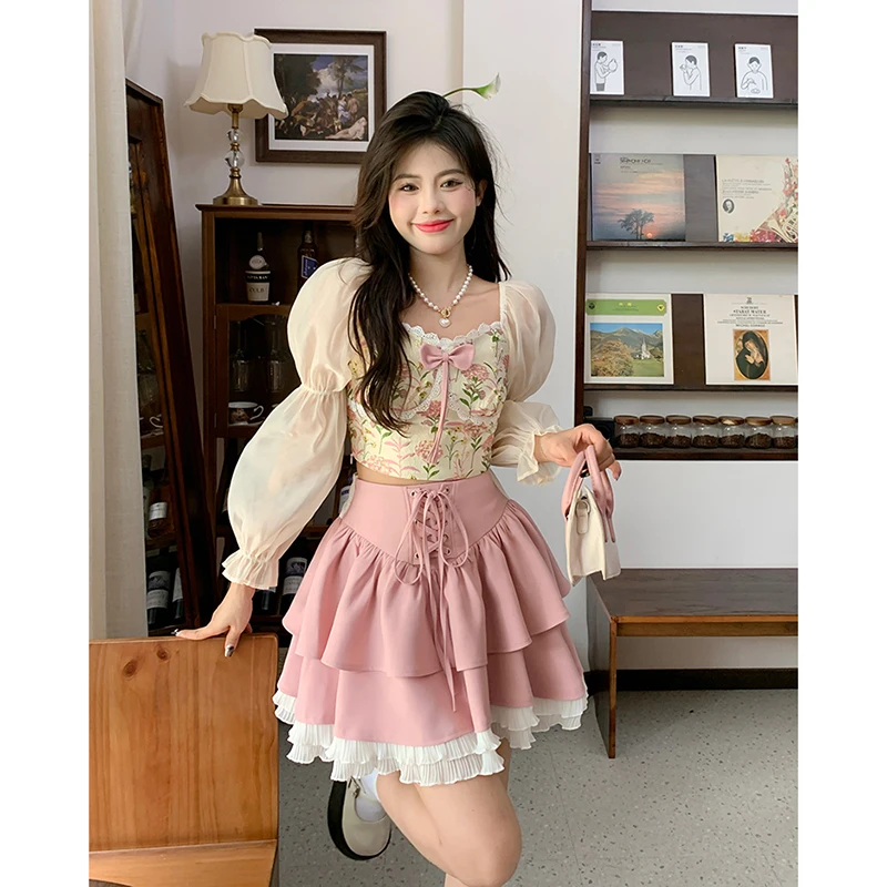 Autumn Pink Kawaii Mini Skrts Women Lace Patchwork Korean Fashion Party Skirt Female Casual Chic Designer Bandage Skirts 2022