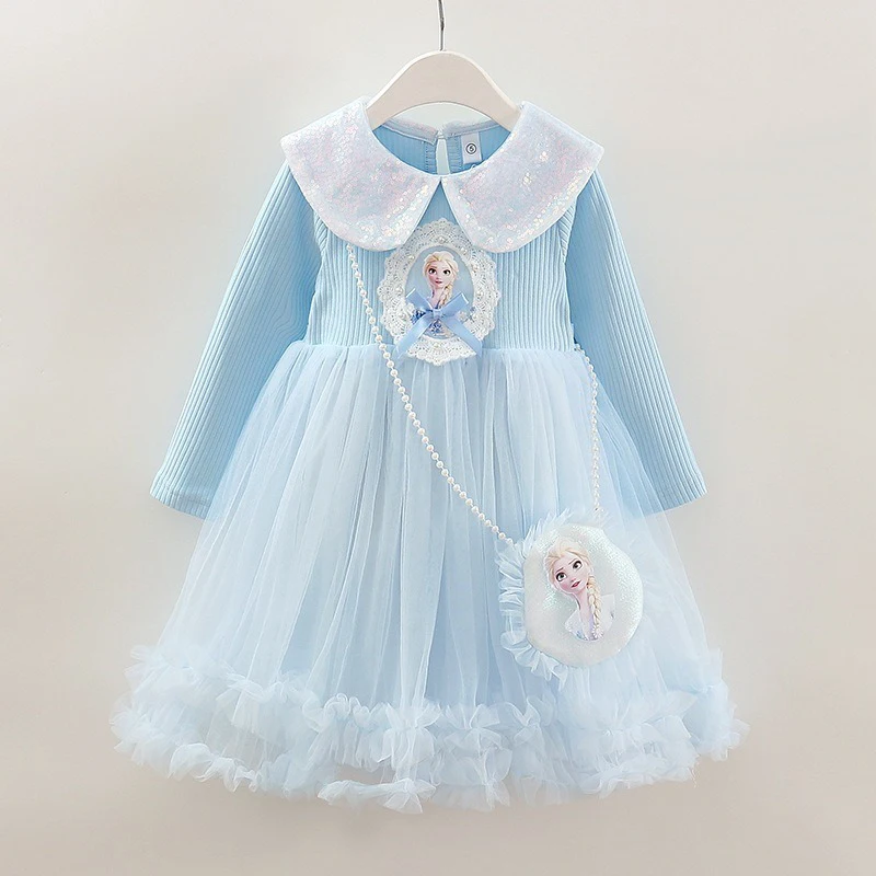 

Disney Princess Dress Frozen Elsa Girls Dress Autumn Kids Clothes Birthday Party Long-sleeved for Children Dress With Bag 2-8Y