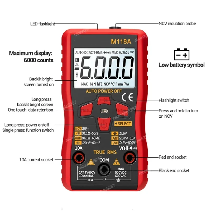 M118A Digital Mini Multimeter Tester Automatic Multimeter True RMS Transmissionwith NCV Data Keeping 6000 Counting Flashlight