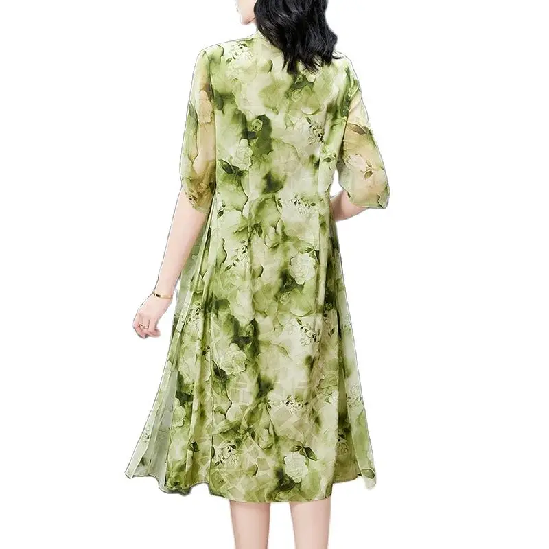 BirdTree, 89.8%Real Silk Elegant Dresses, Women V Neck Half Sleeve Printed, OL Oversize Party Mom Dress, 2024 Summer D44836QM