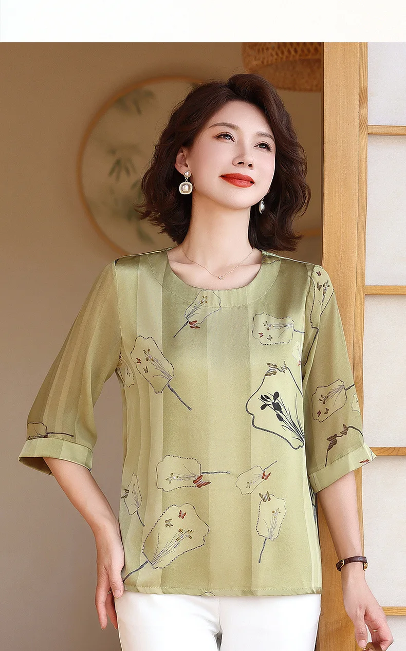 National style Middle aged print shirt women's mid sleeved T-shirt top 2024 summer simple short sleeved shirt