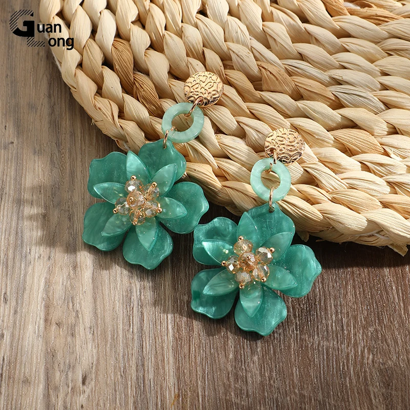 GuanLong Vintage Coloful Flower Big Dangle Earrings For Women 2024 Trend Korean Party Summer Long Drop Earring Jewelry for Girls