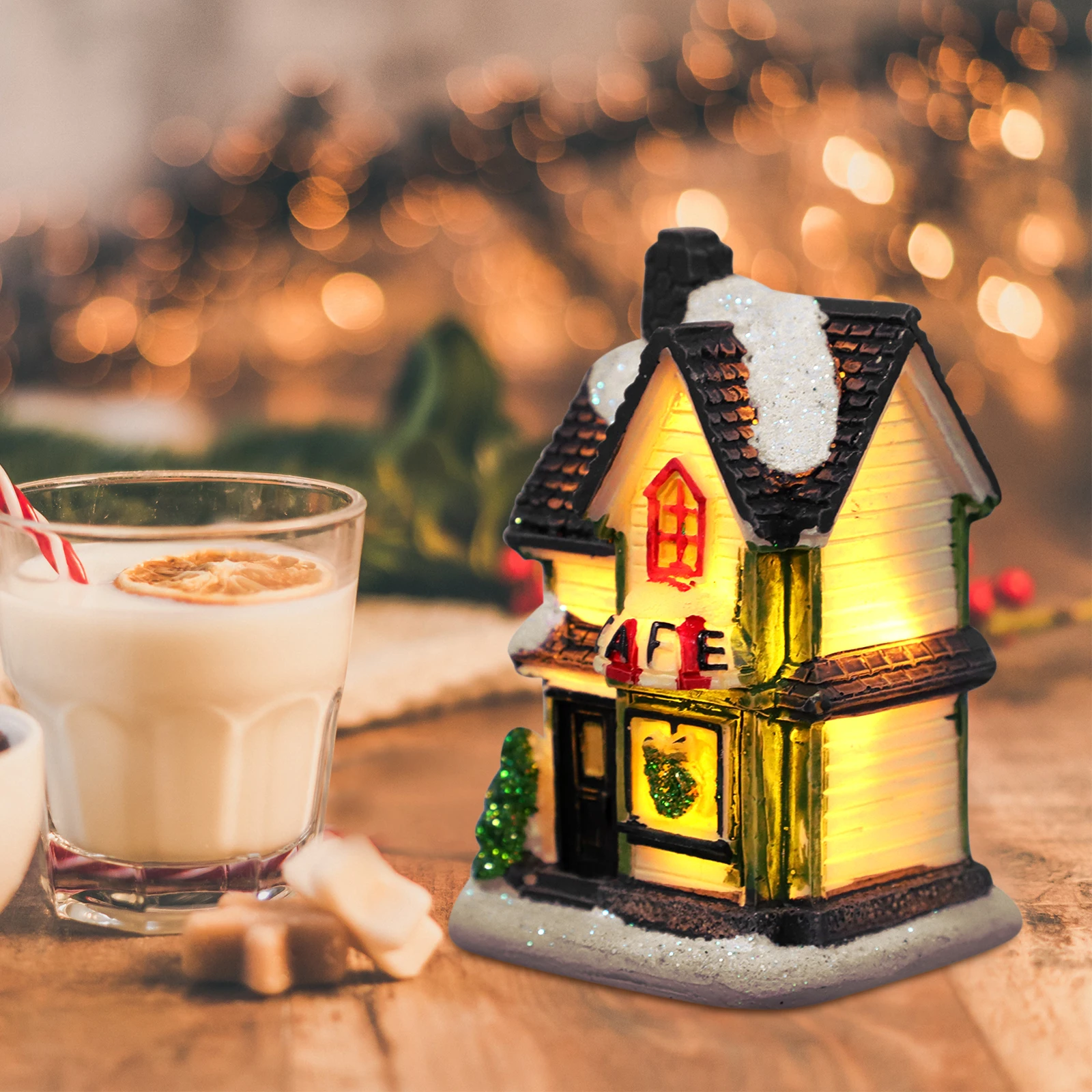 

1pc LED Christmas House Desktop Mini Resin Decoration Luminous Micro Home Landscape Ornament Fairy Tale Lighted Xmas Gift