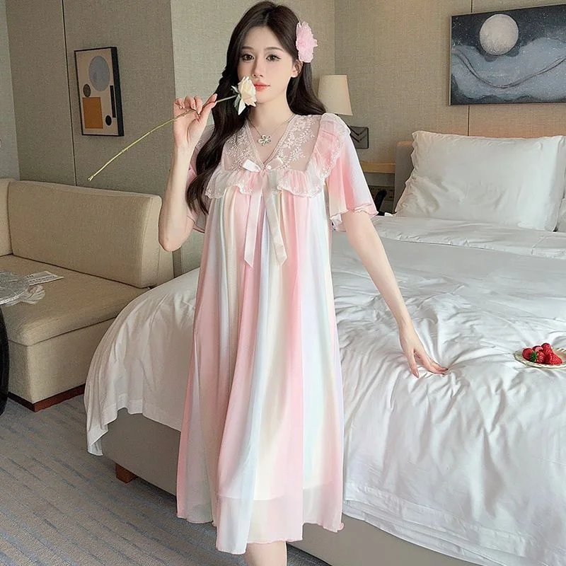 2026 Summer Dress Women Rainbow Nightgown Female Sweet Thin Princess Wind Home Service Pajamas Fashion Vestidos Nightdress
