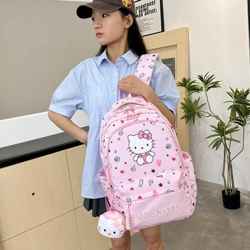 Sanurgente-Cartable étudiant Hello Kitty, grande capacité, sac à dos à double initiation, coussin de dessin animé mignon, décontracté, léger, nouveau