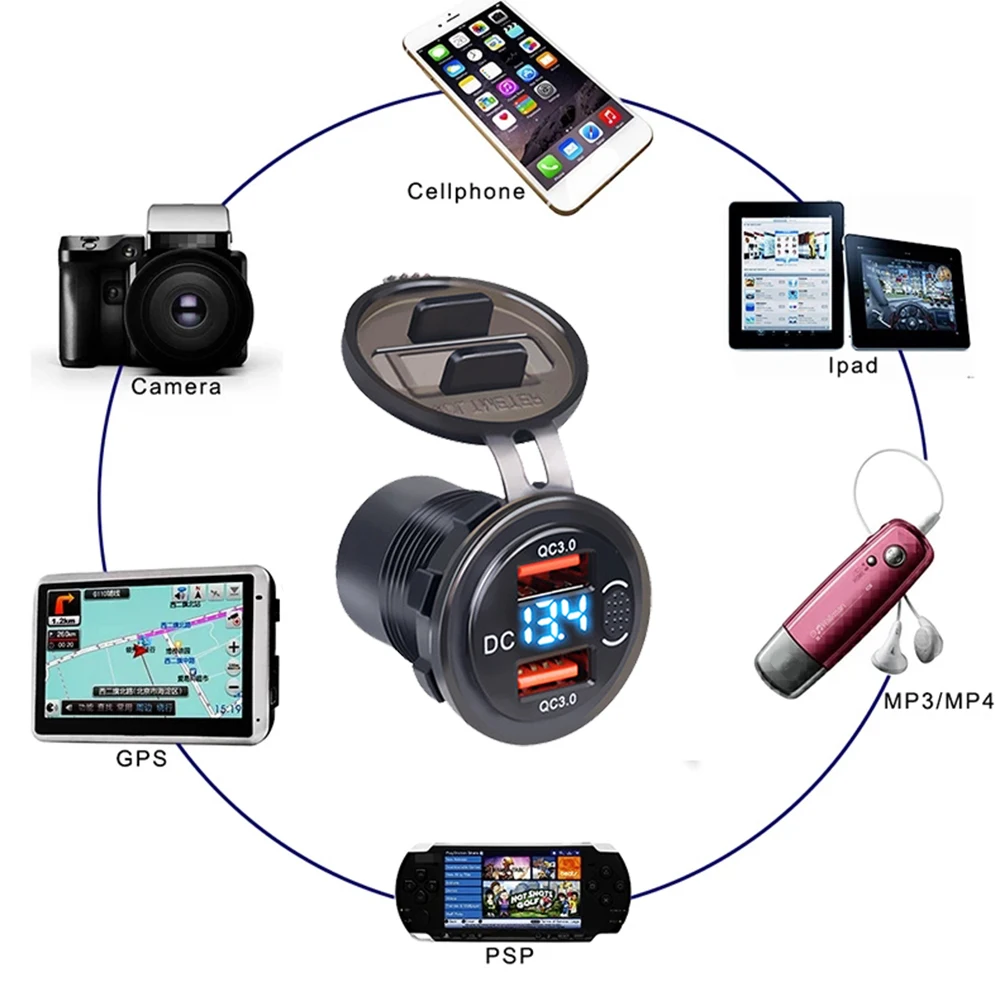 12/24V Car Charger 36W QC3.0 Dual USB Car Motor Charger Socket Waterproof With Voltmeter Switch Fast Quick Charge Adapter