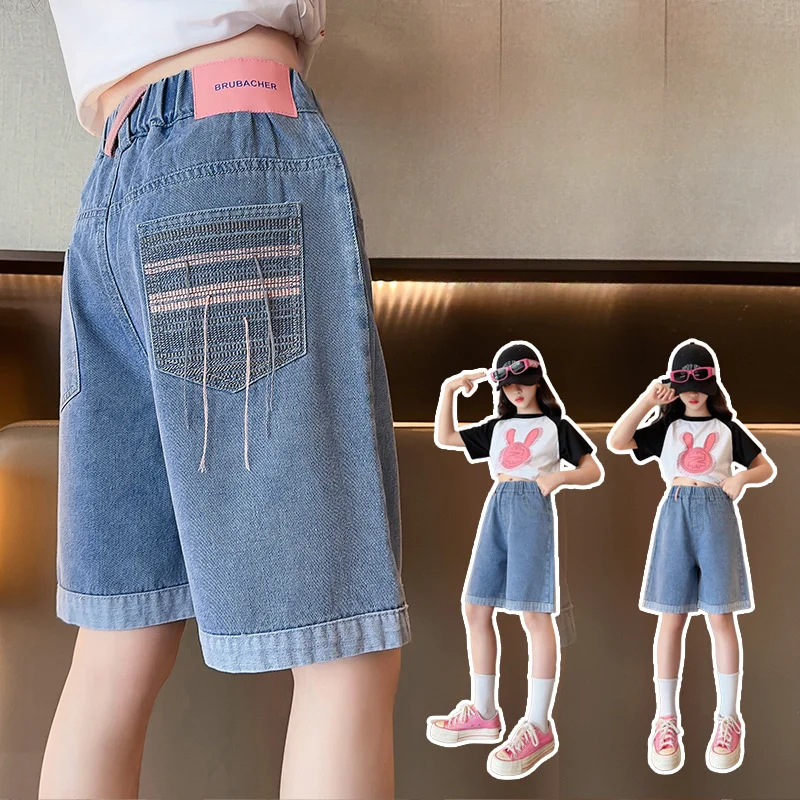 

Girls Trousers Children Denim Shorts Girls Summer Pants Thin Wear 2024 New Little Girls Mid-length Simple Casual Bottoms