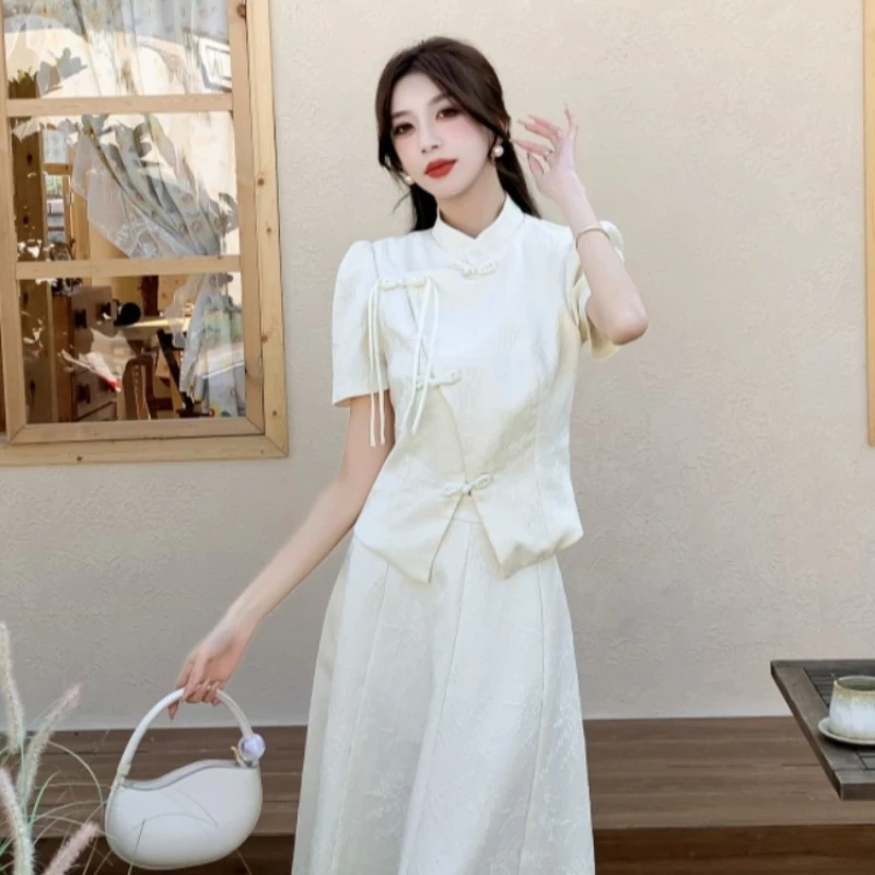 

Women's Chinese Disc Buckle Satin Blazer Skirt Two-Piece Sets Vintage Short Sleeve Tassel Stand Collar Blazers Half Skirt Sets