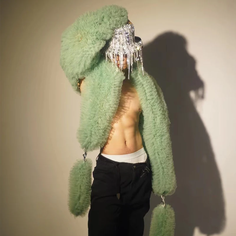 

Bar Nightclub DS DJ Rave Outfit Sexy Green Mesh Half Coat Women Men Pole Dance Wear Stage Performance Gogo Costumes XS7887