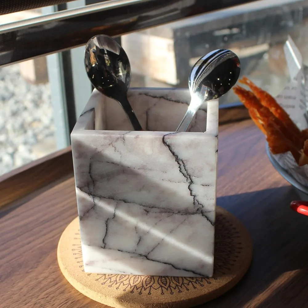 Soportes de cepillo de dientes de mármol lila natural para baño, organizador de encimera de soporte de cepillo de maquillaje de mármol